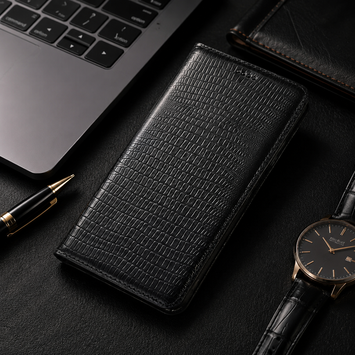 Premium iPhone Case Genuine Leather Flip Wallet Magnetic Closure Kickstand Card Holder Full Coverage Shockproof Non Slip Lizard Texture Protective Cover