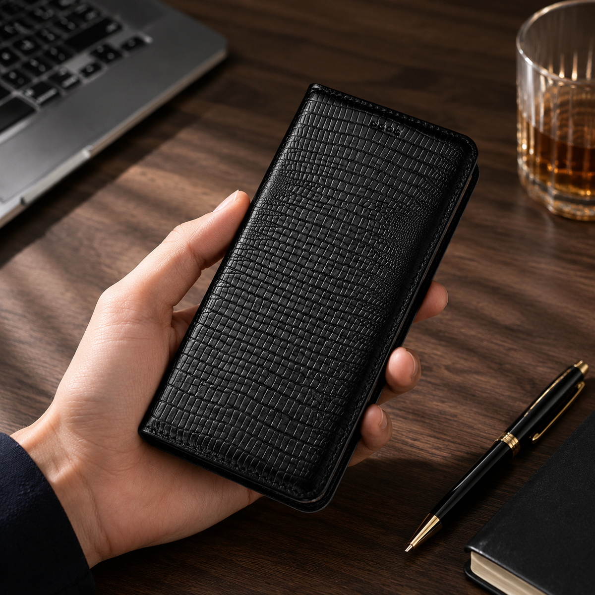 Premium iPhone Case Genuine Leather Flip Wallet Magnetic Closure Kickstand Card Holder Full Coverage Shockproof Non Slip Lizard Texture Protective Cover