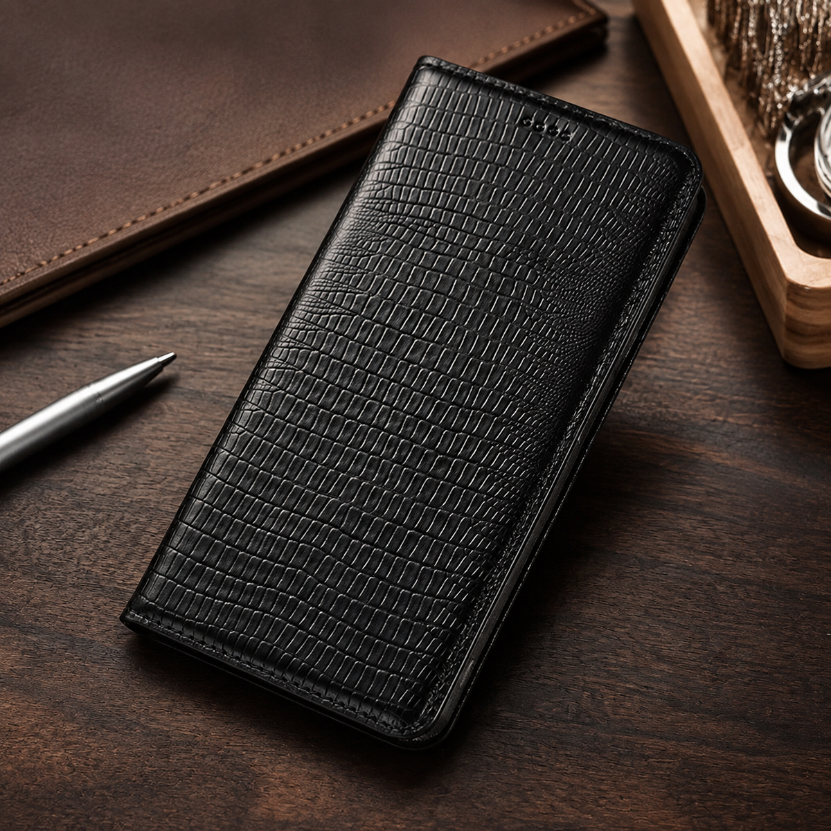 Premium iPhone Case Genuine Leather Flip Wallet Magnetic Closure Kickstand Card Holder Full Coverage Shockproof Non Slip Lizard Texture Protective Cover