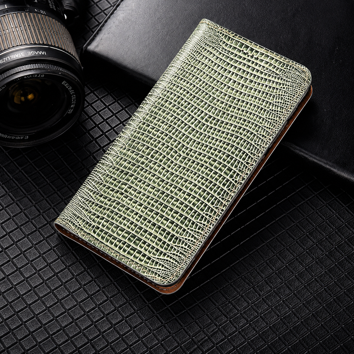 Premium iPhone Case Genuine Leather Flip Wallet Magnetic Closure Kickstand Card Holder Full Coverage Shockproof Non Slip Lizard Texture Protective Cover