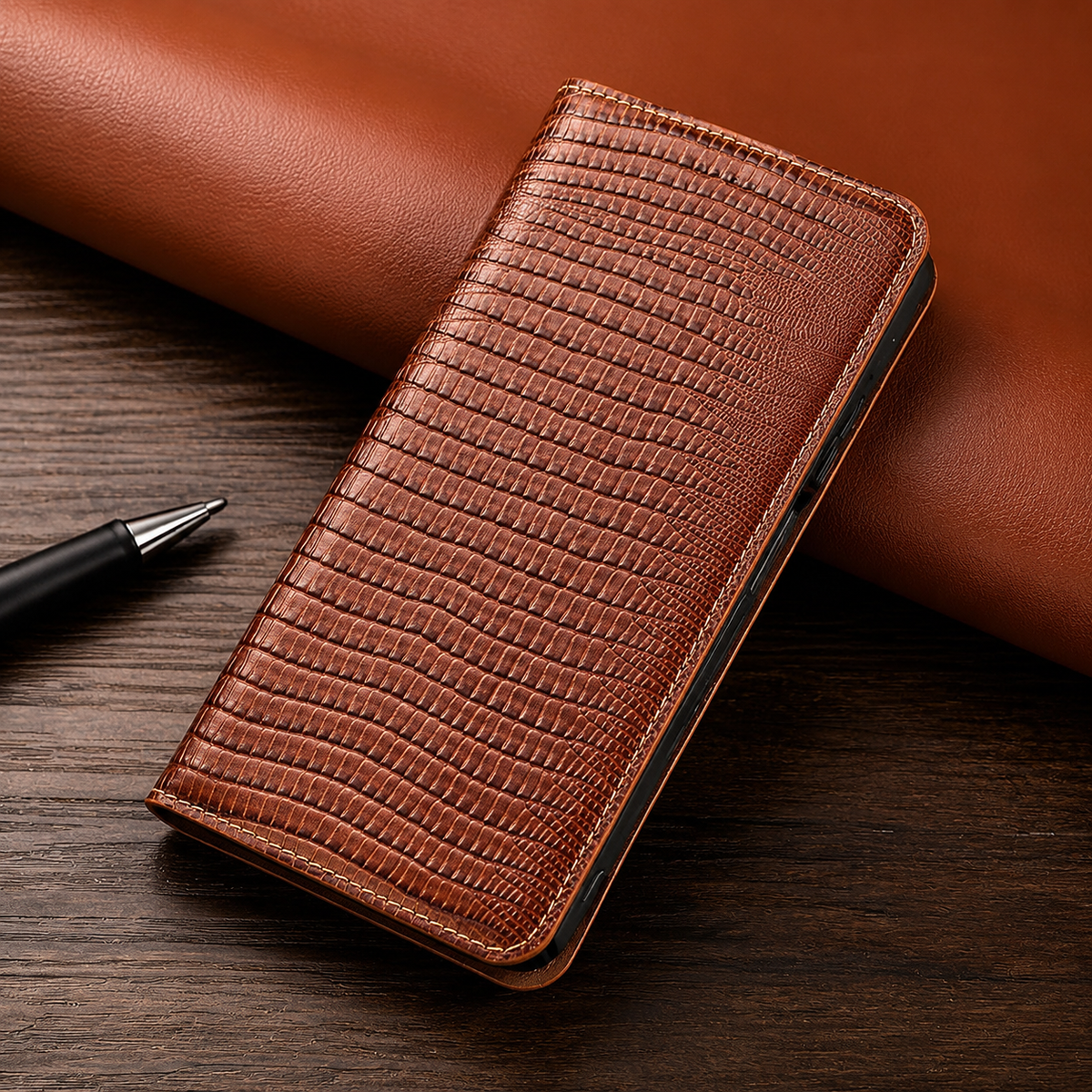 Premium iPhone Case Genuine Leather Flip Wallet Magnetic Closure Kickstand Card Holder Full Coverage Shockproof Non Slip Lizard Texture Protective Cover