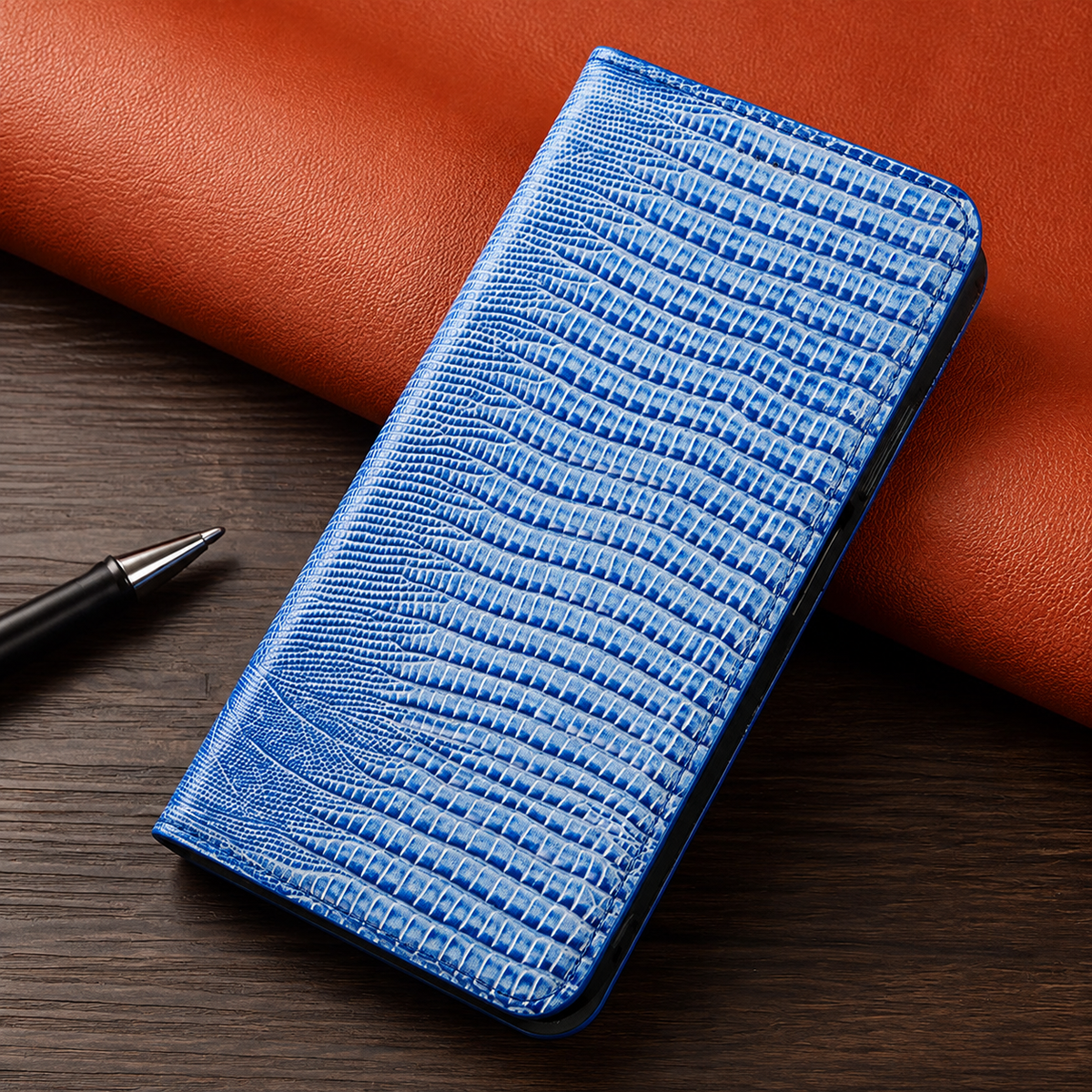 Premium iPhone Case Genuine Leather Flip Wallet Magnetic Closure Kickstand Card Holder Full Coverage Shockproof Non Slip Lizard Texture Protective Cover