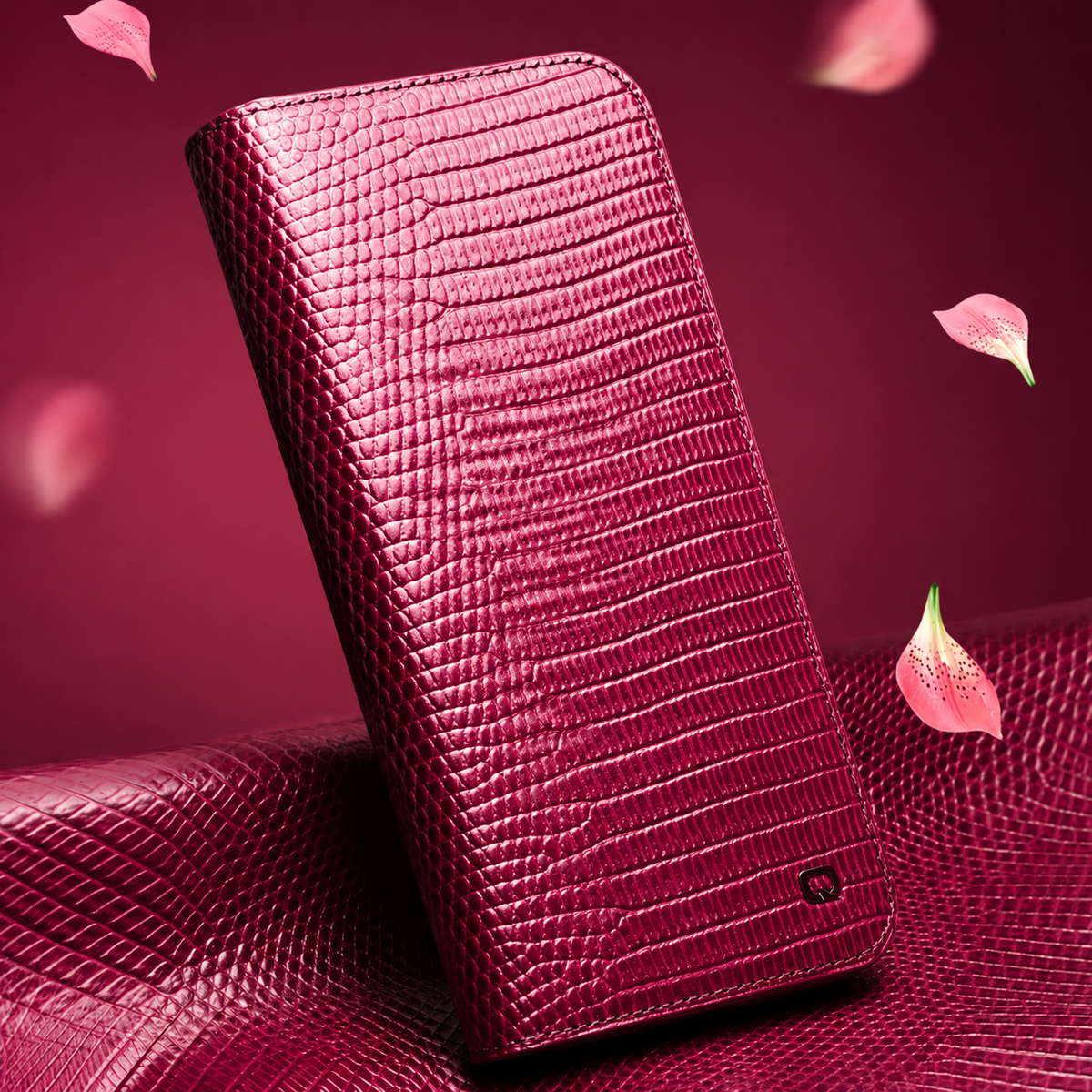 Premium iPhone Case Genuine Leather Flip Wallet Magnetic Closure Kickstand Card Holder Full Coverage Shockproof Non Slip Lizard Texture Protective Cover