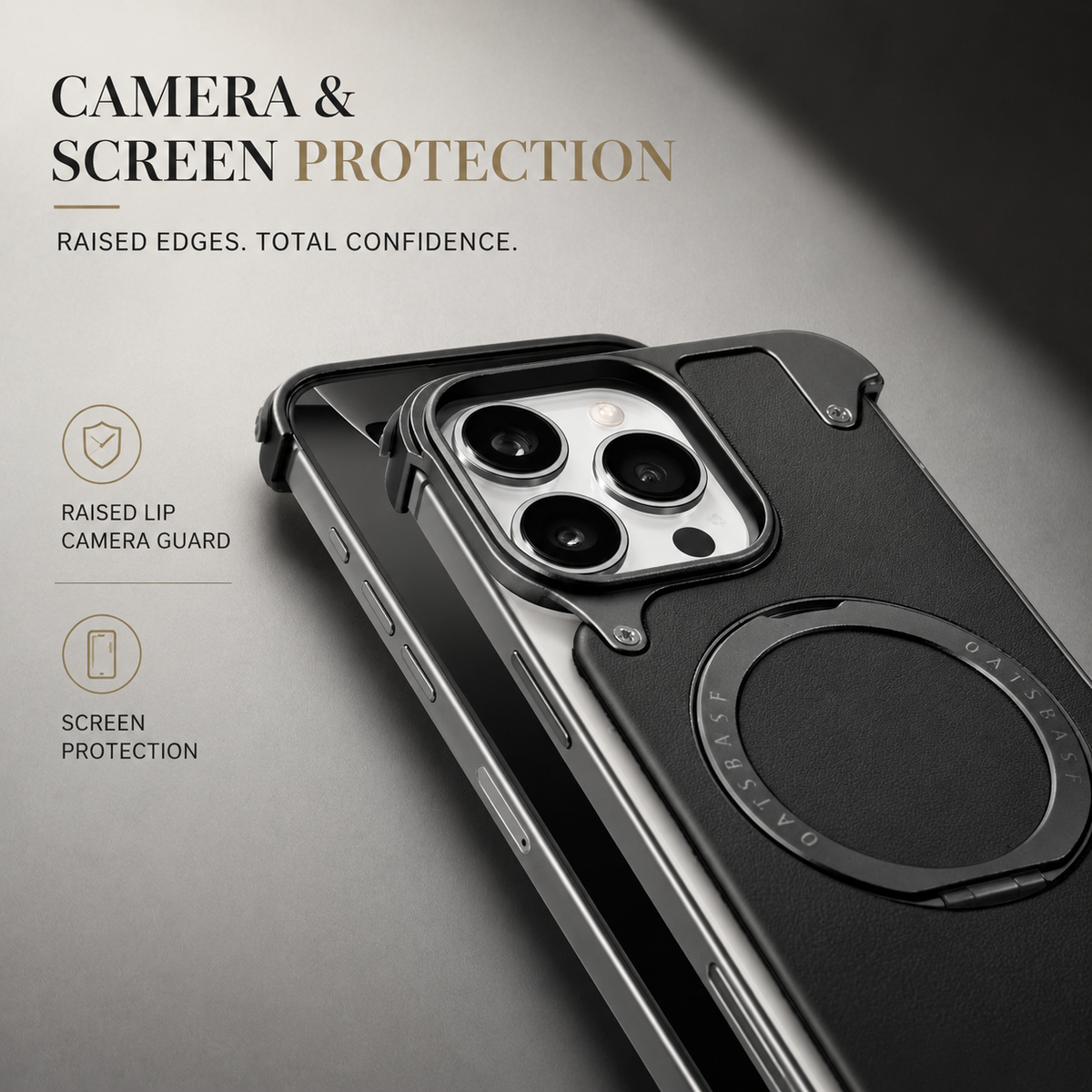 Premium iPhone Case Genuine Leather Magnetic Protective Cover MagSafe Compatible Frameless Design Rotating Stand Ring Shockproof Anti Drop Protection