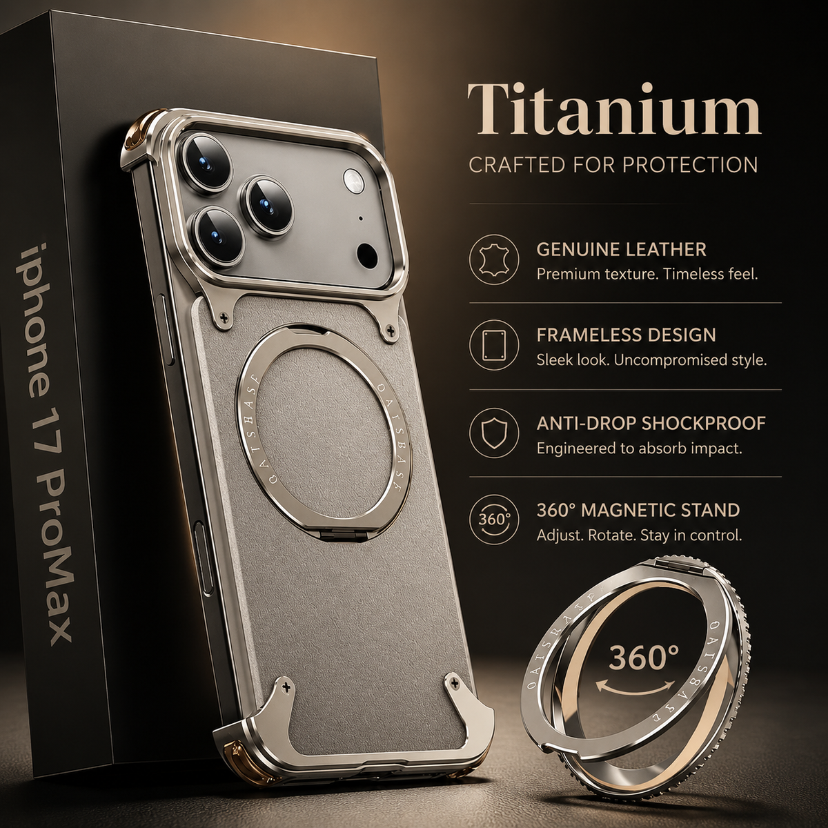 Premium iPhone Case Genuine Leather Magnetic Protective Cover MagSafe Compatible Frameless Design Rotating Stand Ring Shockproof Anti Drop Protection