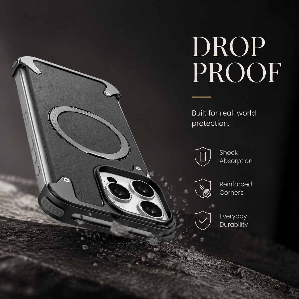 Premium iPhone Case Genuine Leather Magnetic Protective Cover MagSafe Compatible Frameless Design Rotating Stand Ring Shockproof Anti Drop Protection