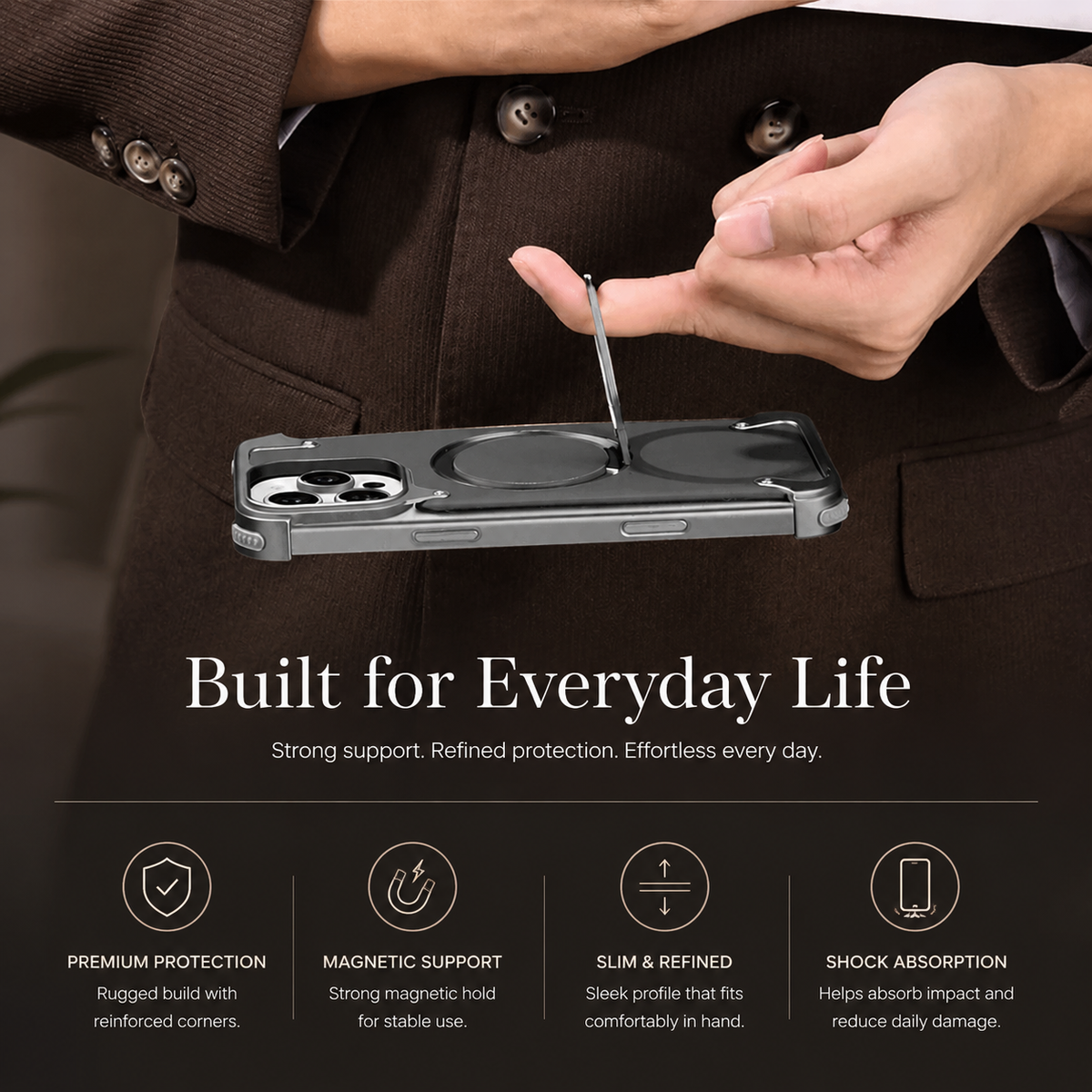 Premium iPhone Case Genuine Leather Magnetic Protective Cover MagSafe Compatible Frameless Design Rotating Stand Ring Shockproof Anti Drop Protection