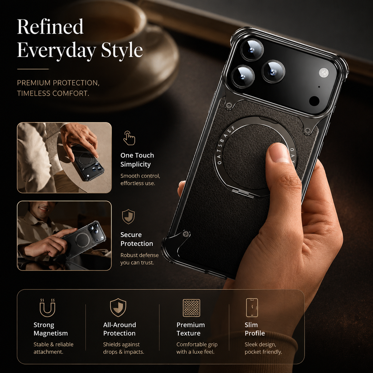 Premium iPhone Case Genuine Leather Magnetic Protective Cover MagSafe Compatible Frameless Design Rotating Stand Ring Shockproof Anti Drop Protection