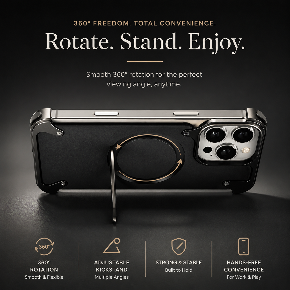 Premium iPhone Case Genuine Leather Magnetic Protective Cover MagSafe Compatible Frameless Design Rotating Stand Ring Shockproof Anti Drop Protection