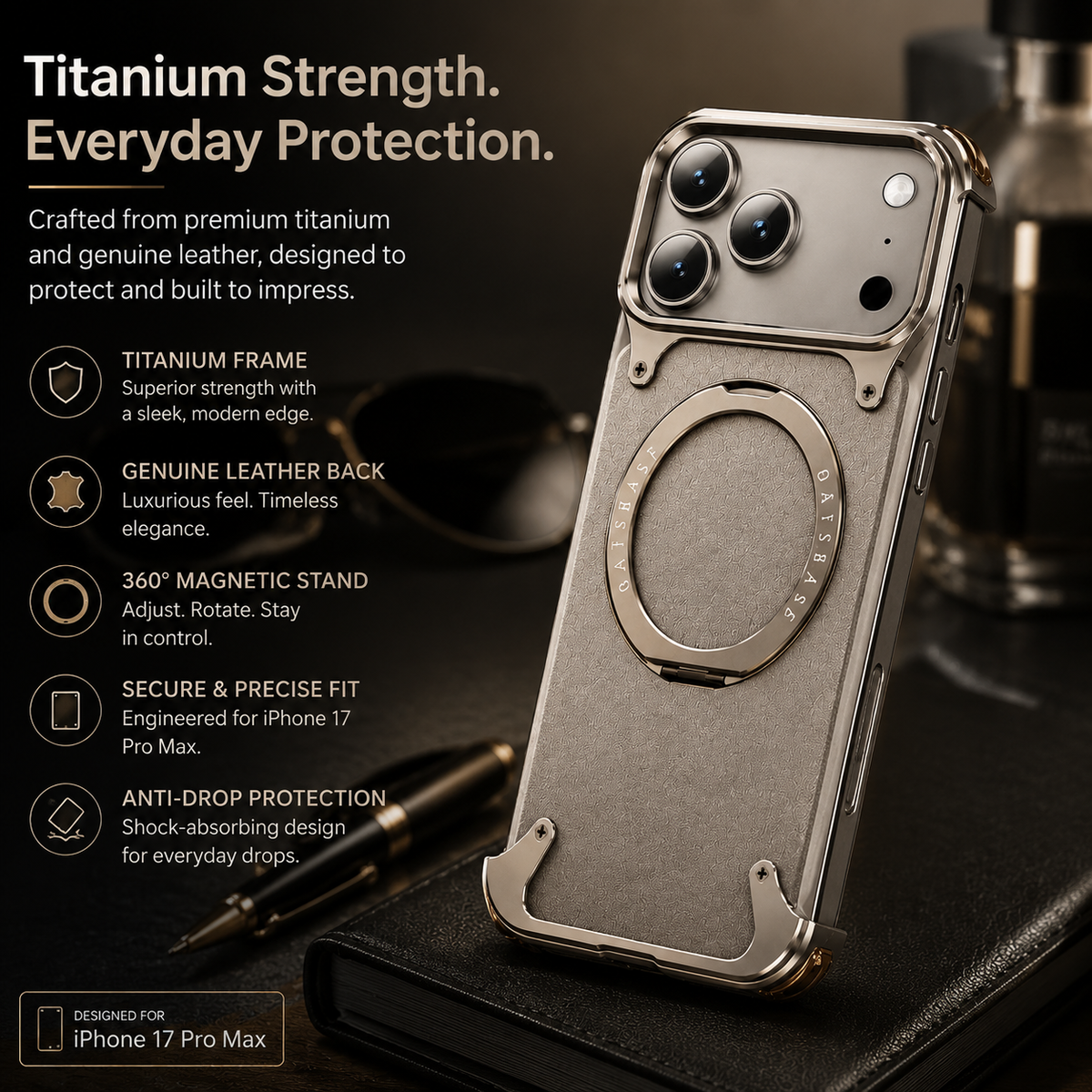 Premium iPhone Case Genuine Leather Magnetic Protective Cover MagSafe Compatible Frameless Design Rotating Stand Ring Shockproof Anti Drop Protection