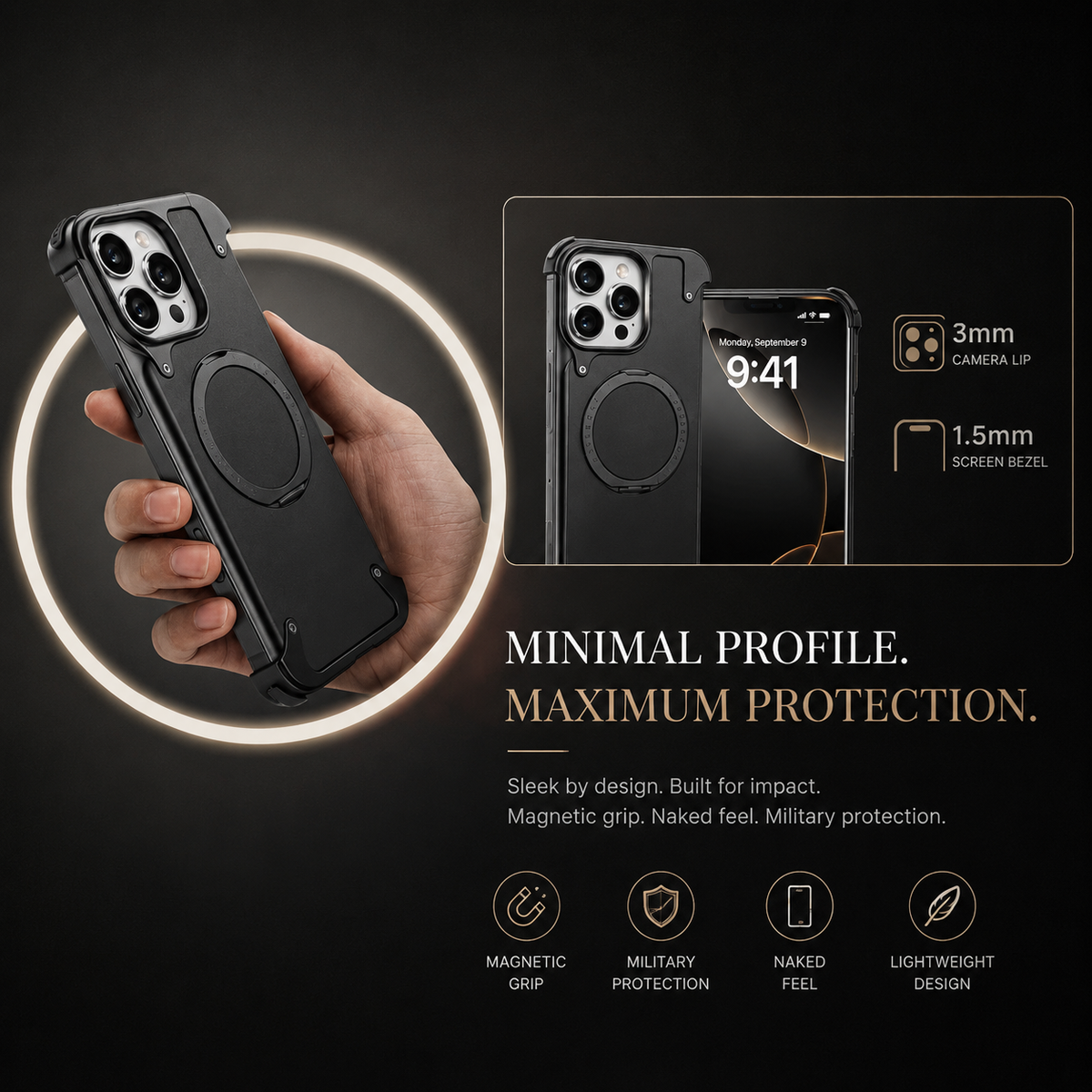 Premium iPhone Case Genuine Leather Magnetic Protective Cover MagSafe Compatible Frameless Design Rotating Stand Ring Shockproof Anti Drop Protection