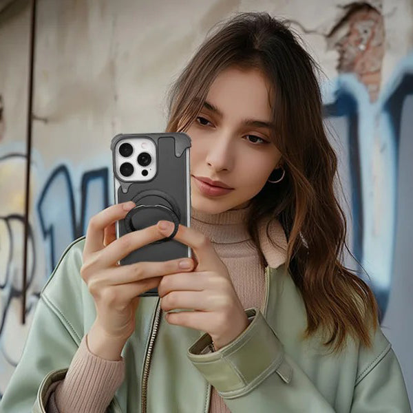 Premium iPhone Case Genuine Leather Magnetic Protective Cover MagSafe Compatible Frameless Design Rotating Stand Ring Shockproof Anti Drop Protection
