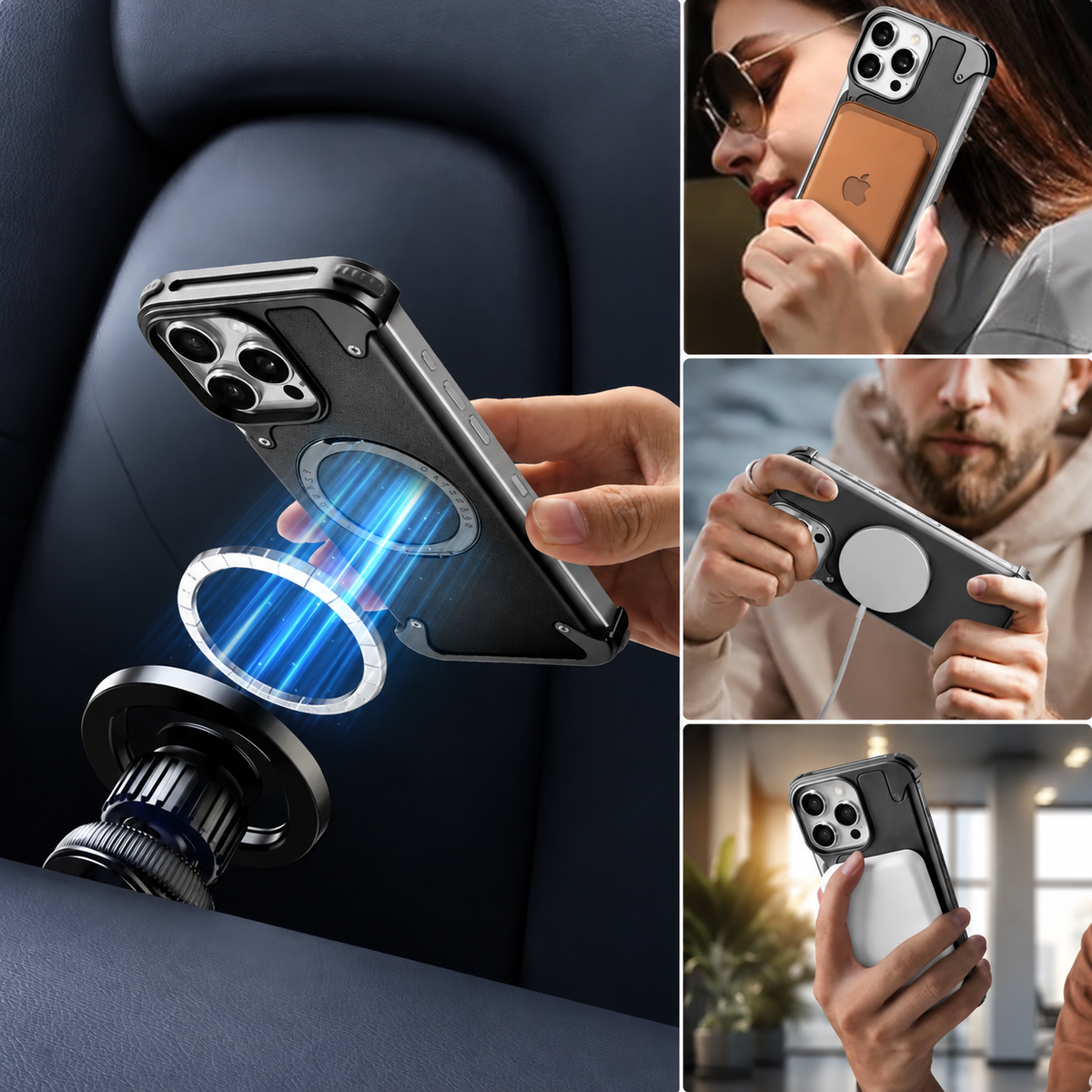 Premium iPhone Case Genuine Leather Magnetic Protective Cover MagSafe Compatible Frameless Design Rotating Stand Ring Shockproof Anti Drop Protection