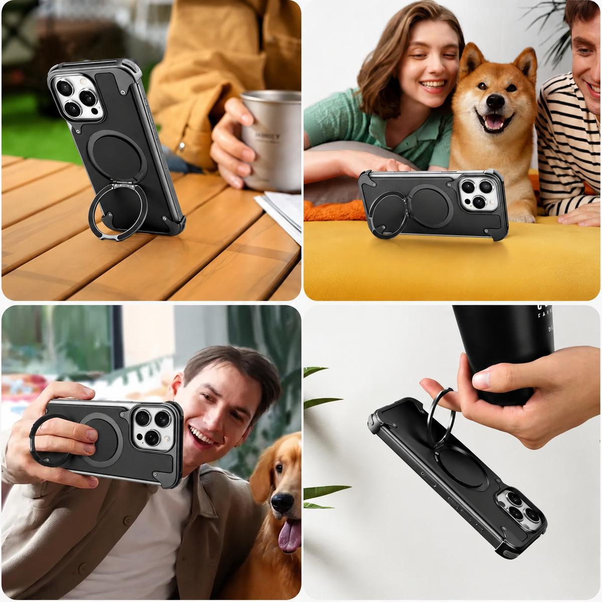 Premium iPhone Case Genuine Leather Magnetic Protective Cover MagSafe Compatible Frameless Design Rotating Stand Ring Shockproof Anti Drop Protection