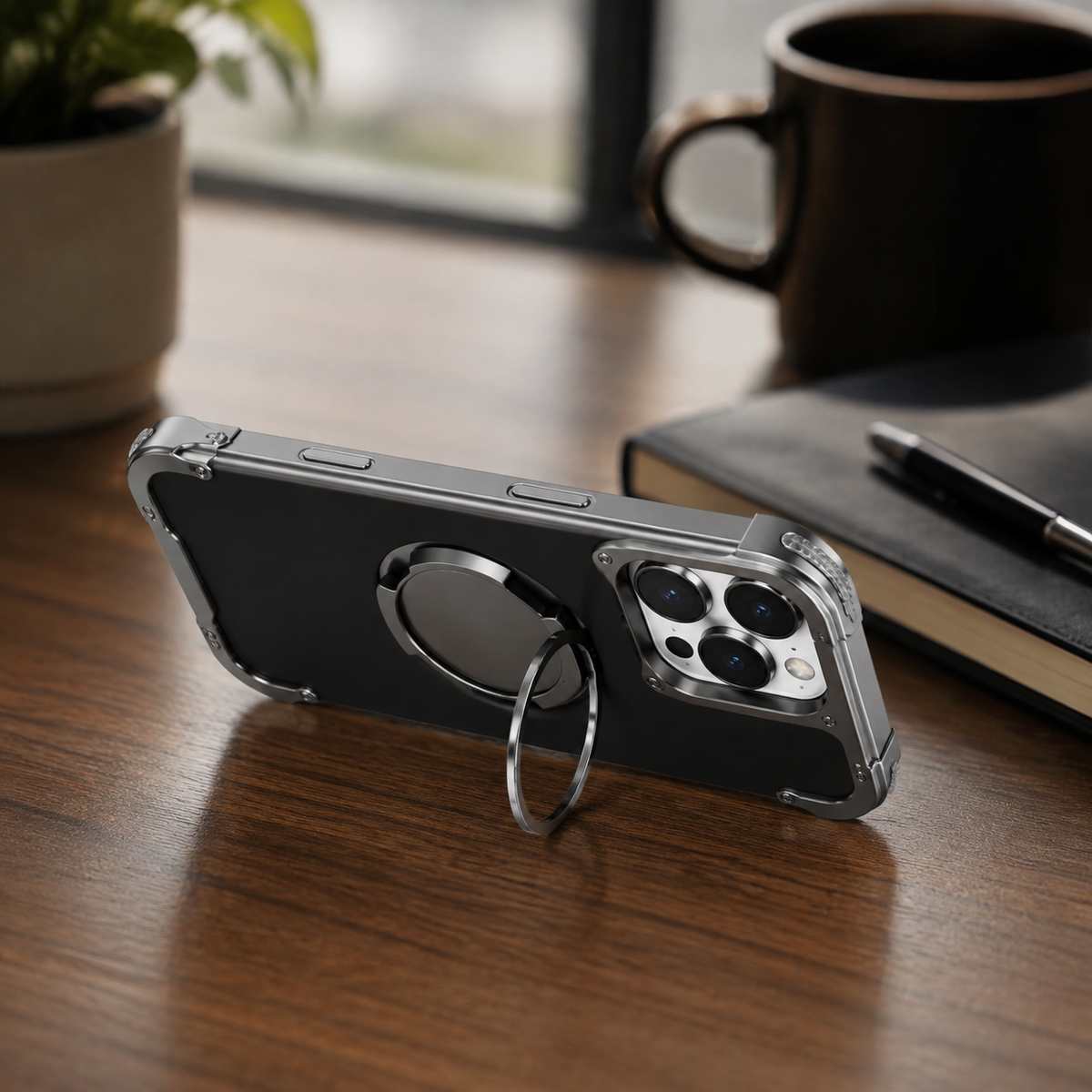 Premium iPhone Case Genuine Leather Magnetic Protective Cover MagSafe Compatible Frameless Design Rotating Stand Ring Shockproof Anti Drop Protection