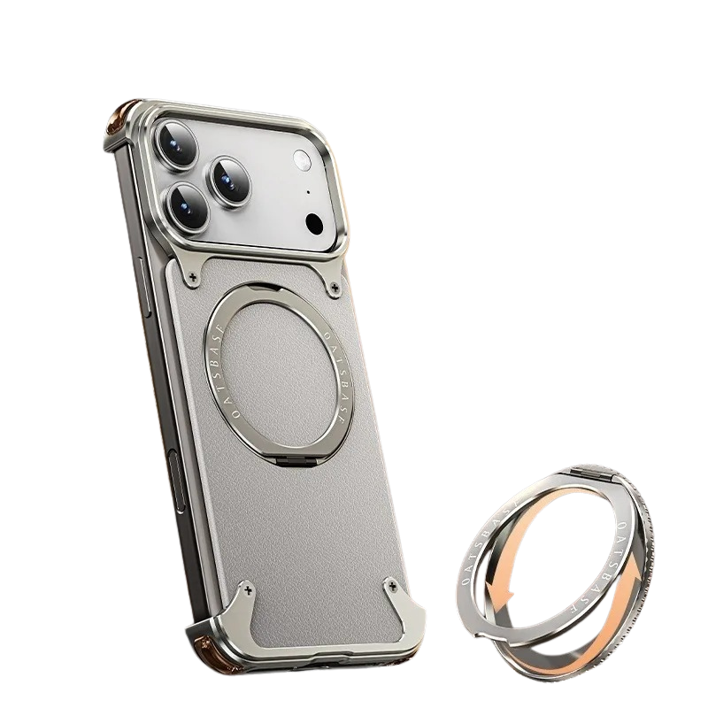 Premium iPhone Case Genuine Leather Magnetic Protective Cover MagSafe Compatible Frameless Design Rotating Stand Ring Shockproof Anti Drop Protection