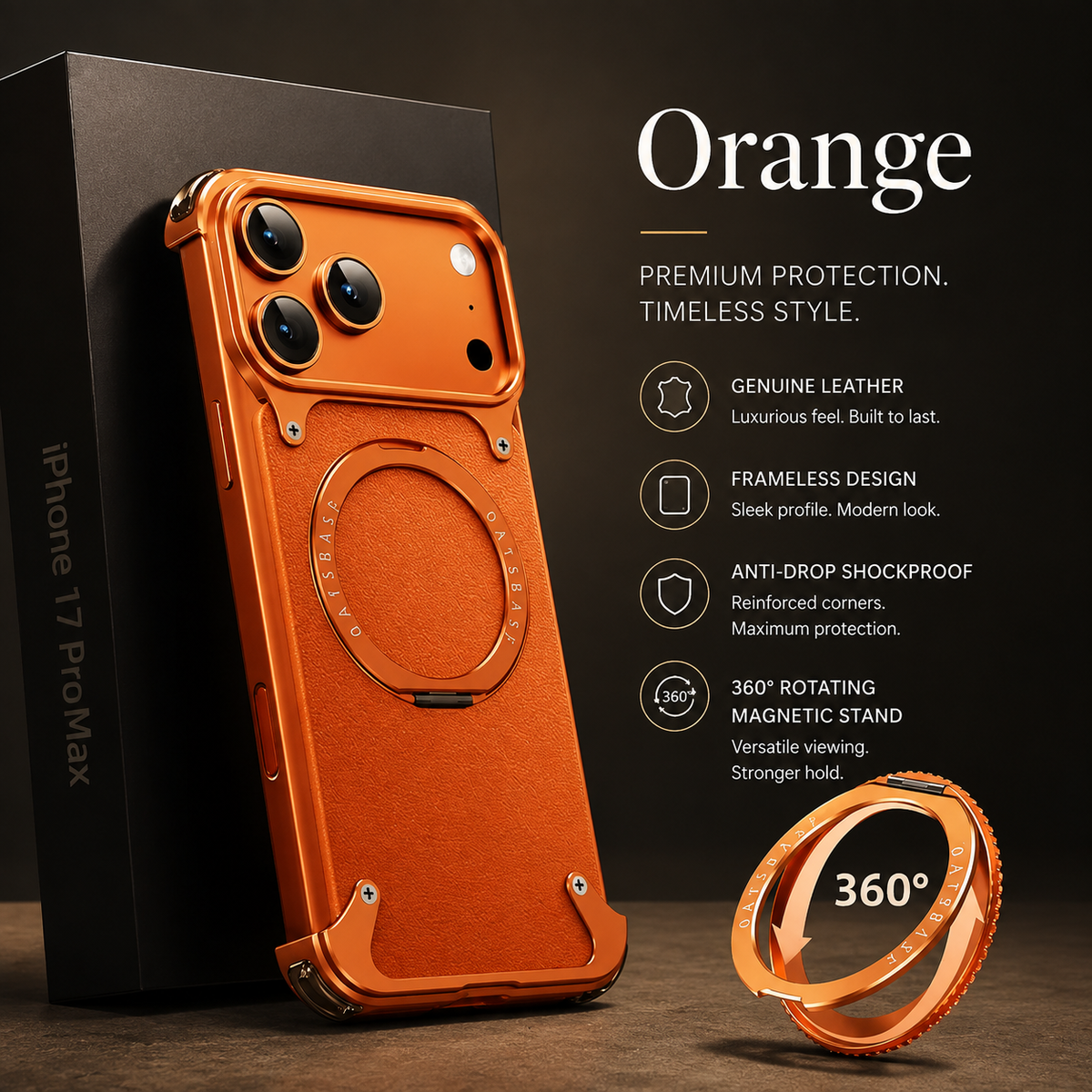 Premium iPhone Case Genuine Leather Magnetic Protective Cover MagSafe Compatible Frameless Design Rotating Stand Ring Shockproof Anti Drop Protection