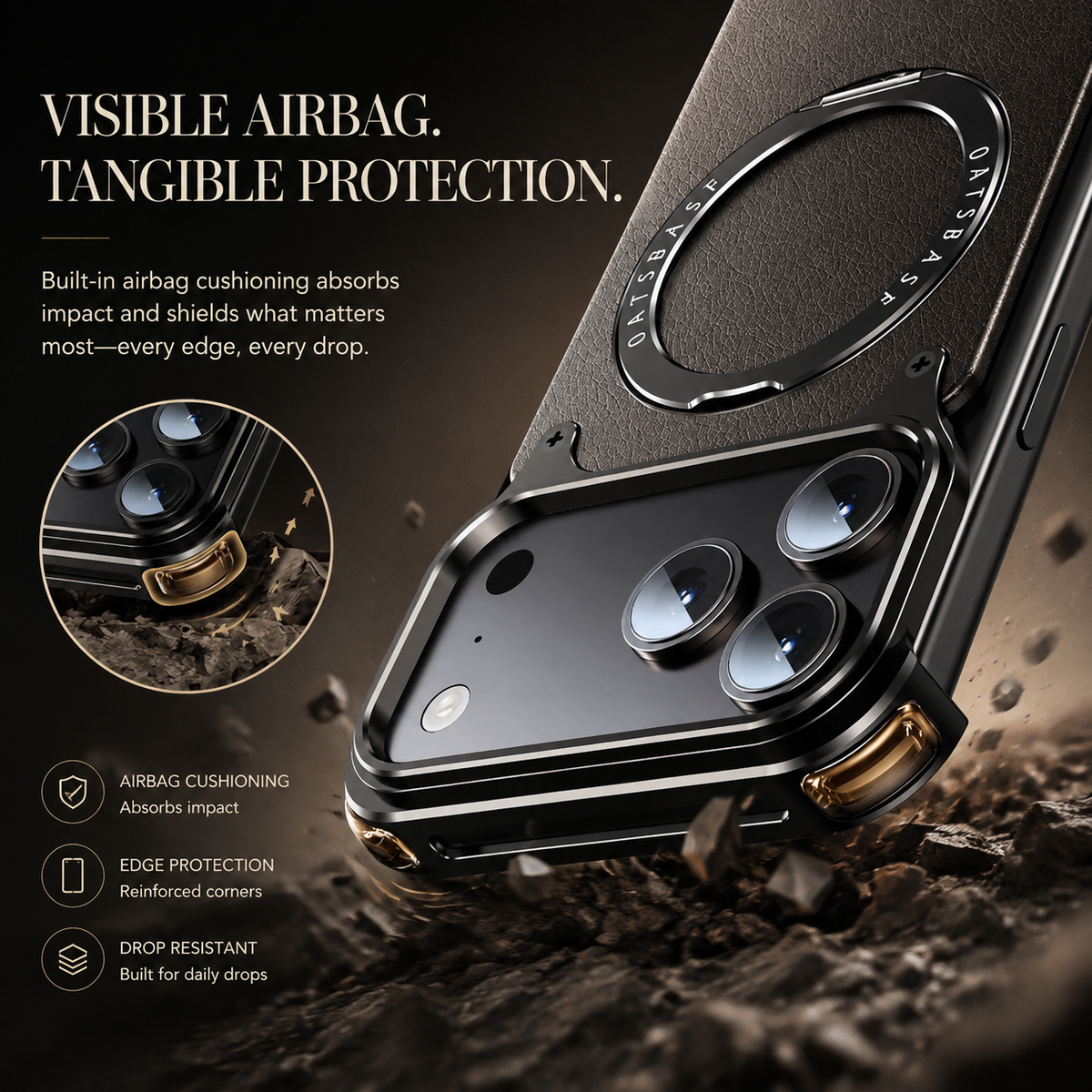Premium iPhone Case Genuine Leather Magnetic Protective Cover MagSafe Compatible Frameless Design Rotating Stand Ring Shockproof Anti Drop Protection