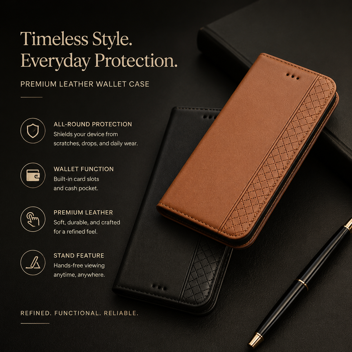Premium iPhone Case Genuine Leather Wallet Flip Cover Card Holder Magnetic Closure Kickstand Shockproof TPU Protective Case Business Full Coverage Slim
