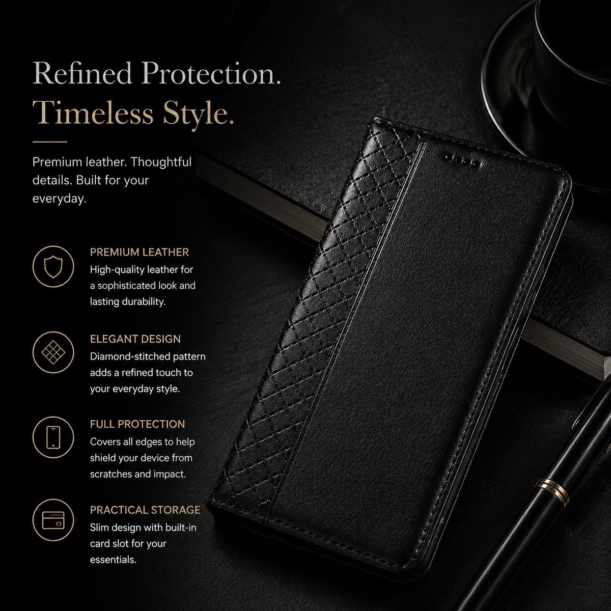 Premium iPhone Case Genuine Leather Wallet Flip Cover Card Holder Magnetic Closure Kickstand Shockproof TPU Protective Case Business Full Coverage Slim
