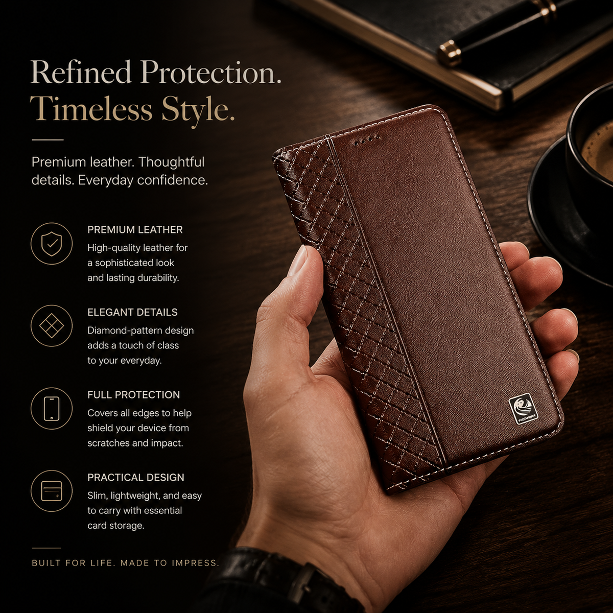 Premium iPhone Case Genuine Leather Wallet Flip Cover Card Holder Magnetic Closure Kickstand Shockproof TPU Protective Case Business Full Coverage Slim