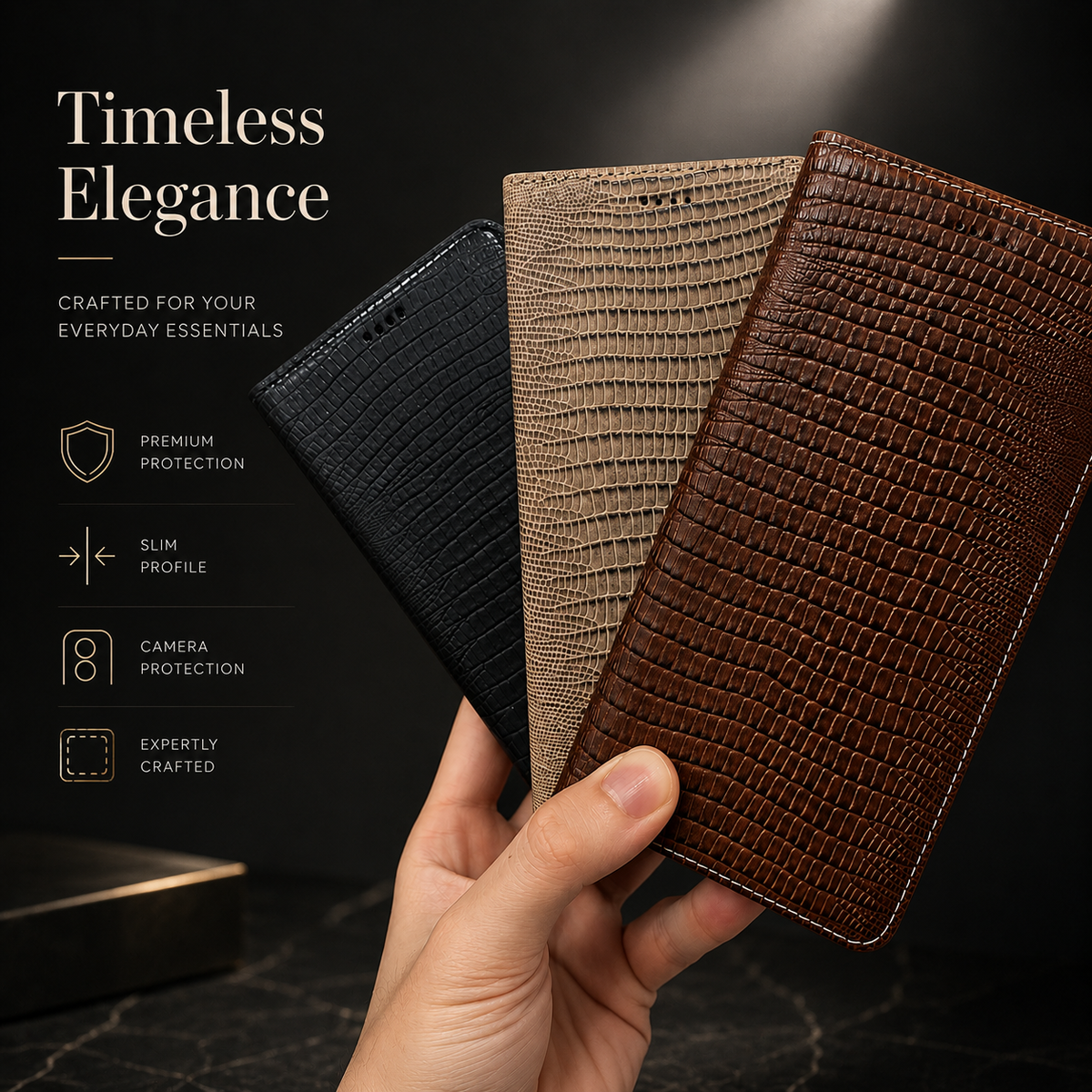 Premium iPhone Case Genuine Lizard Leather Flip Wallet Cover Magnetic Closure Kickstand Shockproof Full Body Protection Card Holder Slim Elegant Design