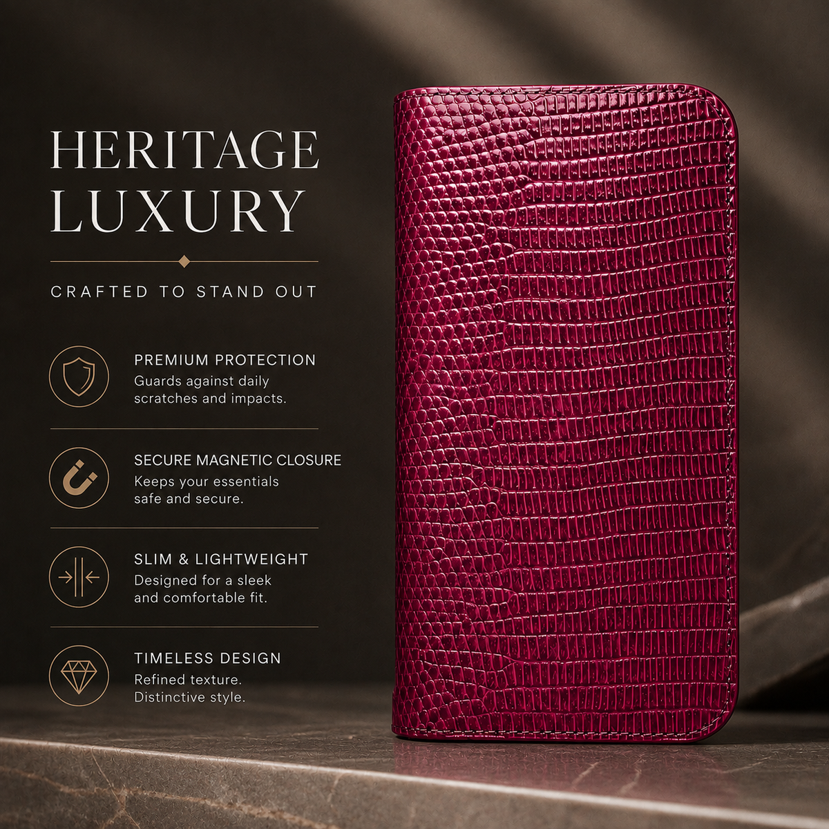 Premium iPhone Case Genuine Lizard Leather Flip Wallet Cover Magnetic Closure Kickstand Shockproof Full Body Protection Card Holder Slim Elegant Design