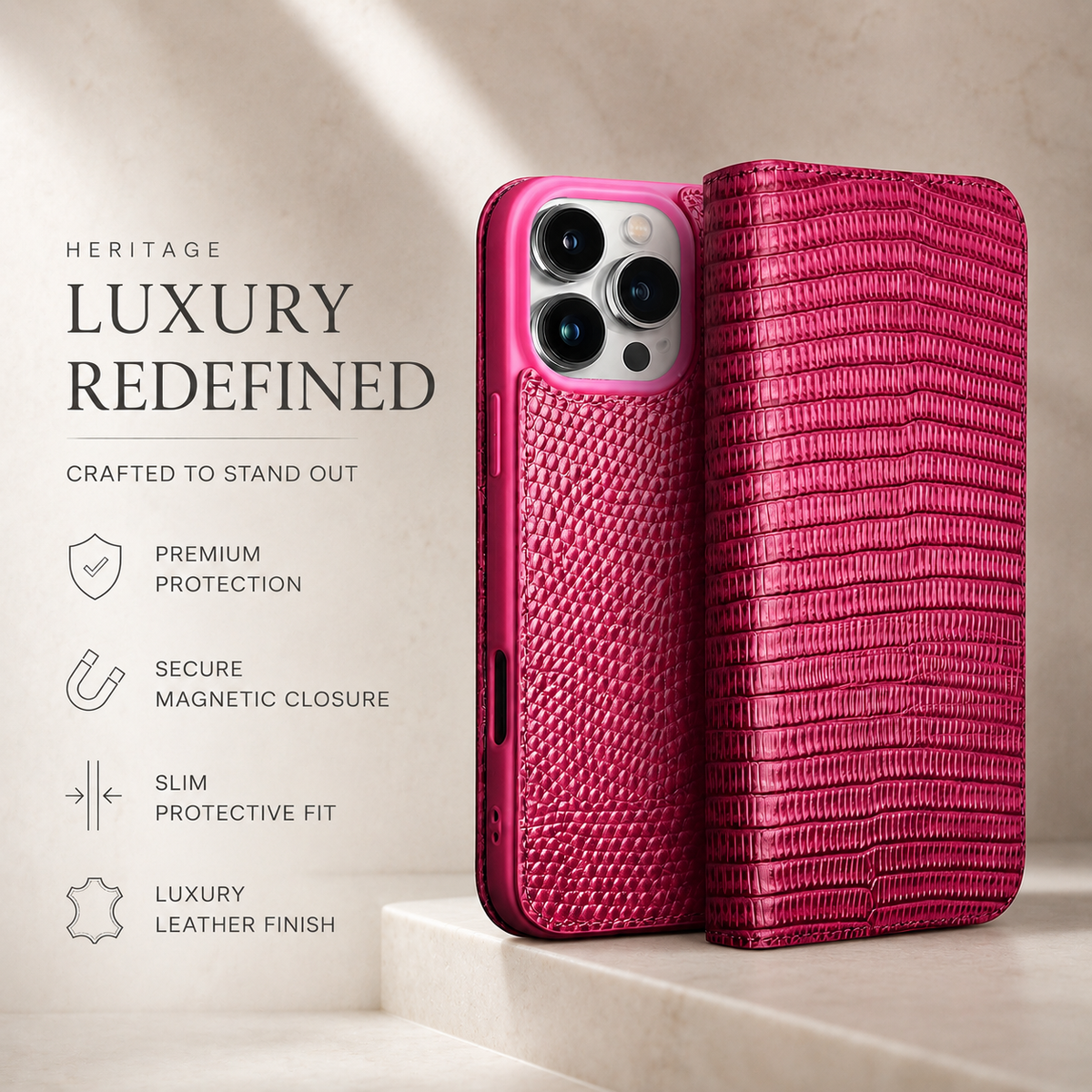 Premium iPhone Case Genuine Lizard Leather Flip Wallet Cover Magnetic Closure Kickstand Shockproof Full Body Protection Card Holder Slim Elegant Design
