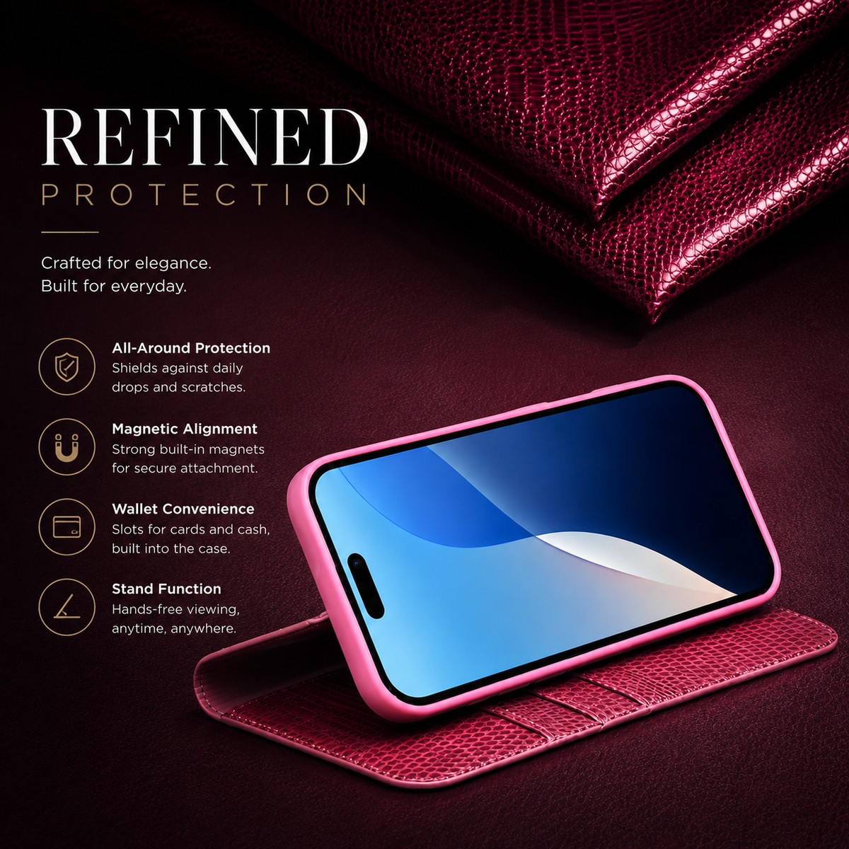 Premium iPhone Case Genuine Lizard Leather Flip Wallet Cover Magnetic Closure Kickstand Shockproof Full Body Protection Card Holder Slim Elegant Design