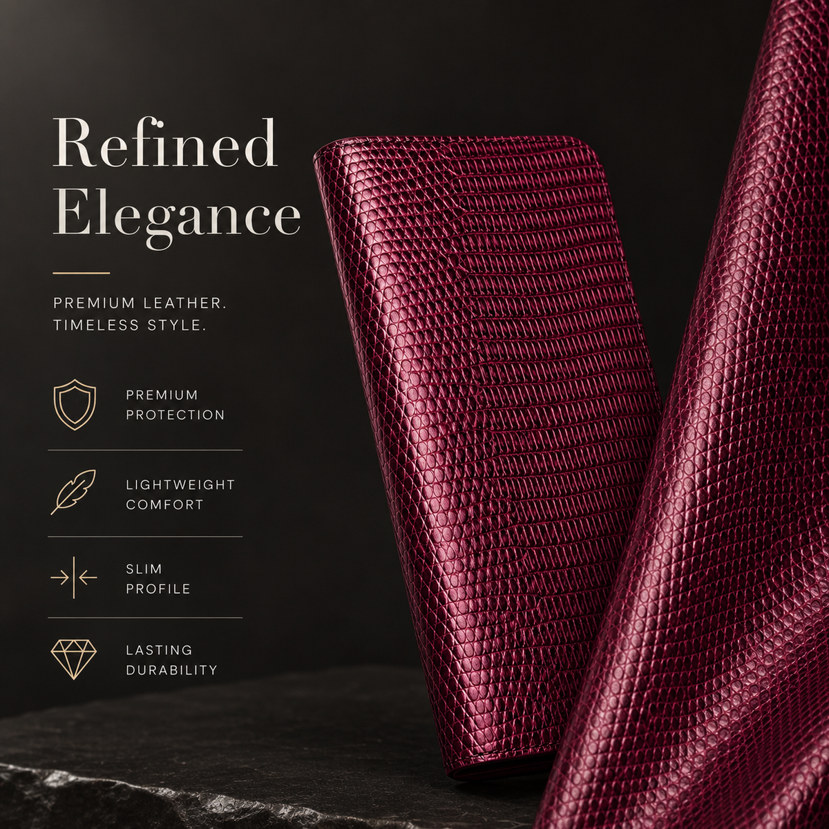 Premium iPhone Case Genuine Lizard Leather Flip Wallet Cover Magnetic Closure Kickstand Shockproof Full Body Protection Card Holder Slim Elegant Design