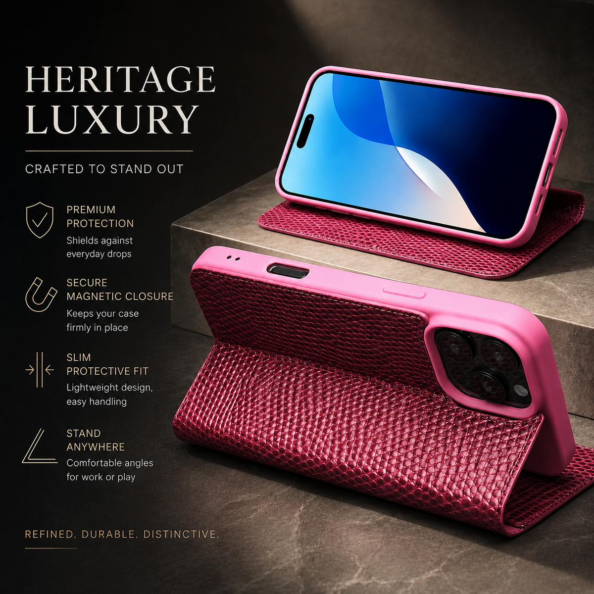 Premium iPhone Case Genuine Lizard Leather Flip Wallet Cover Magnetic Closure Kickstand Shockproof Full Body Protection Card Holder Slim Elegant Design