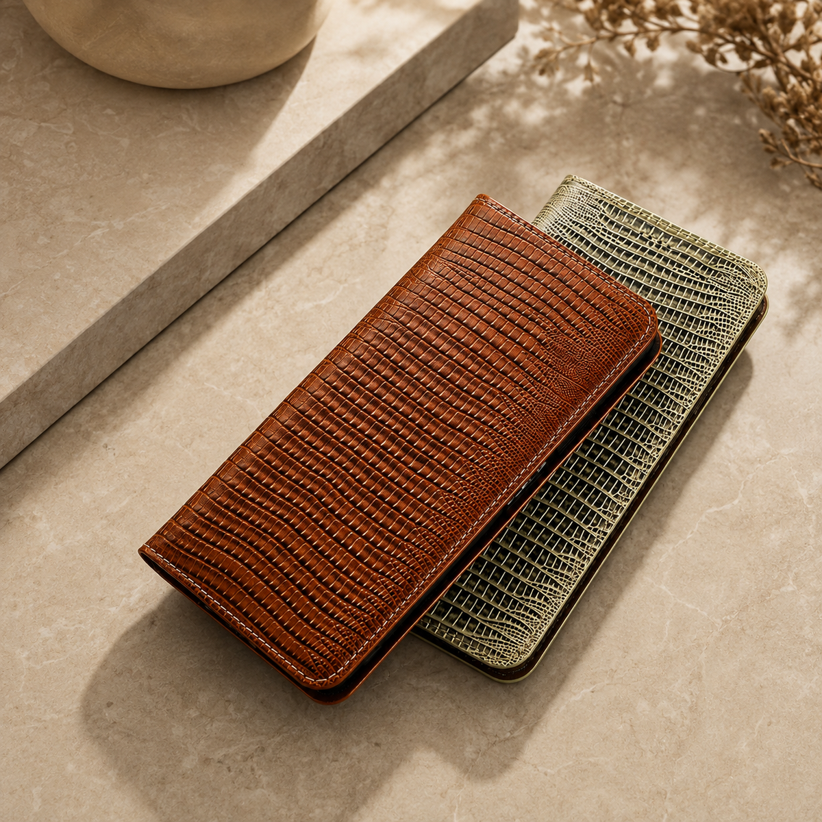 Premium iPhone Case Genuine Lizard Leather Flip Wallet Cover Magnetic Closure Kickstand Shockproof Full Body Protection Card Holder Slim Elegant Design