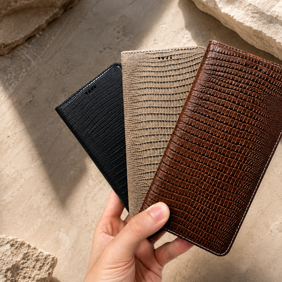 Premium iPhone Case Genuine Lizard Leather Flip Wallet Cover Magnetic Closure Kickstand Shockproof Full Body Protection Card Holder Slim Elegant Design