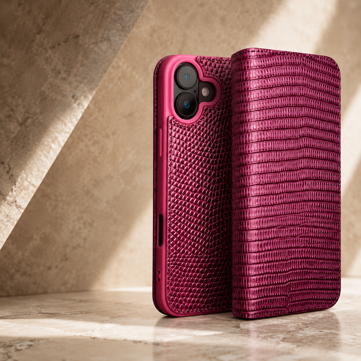 Premium iPhone Case Genuine Lizard Leather Flip Wallet Cover Magnetic Closure Kickstand Shockproof Full Body Protection Card Holder Slim Elegant Design