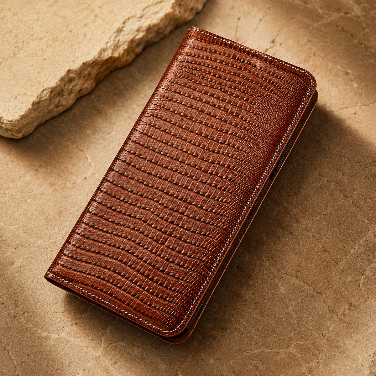 Premium iPhone Case Genuine Lizard Leather Flip Wallet Cover Magnetic Closure Kickstand Shockproof Full Body Protection Card Holder Slim Elegant Design