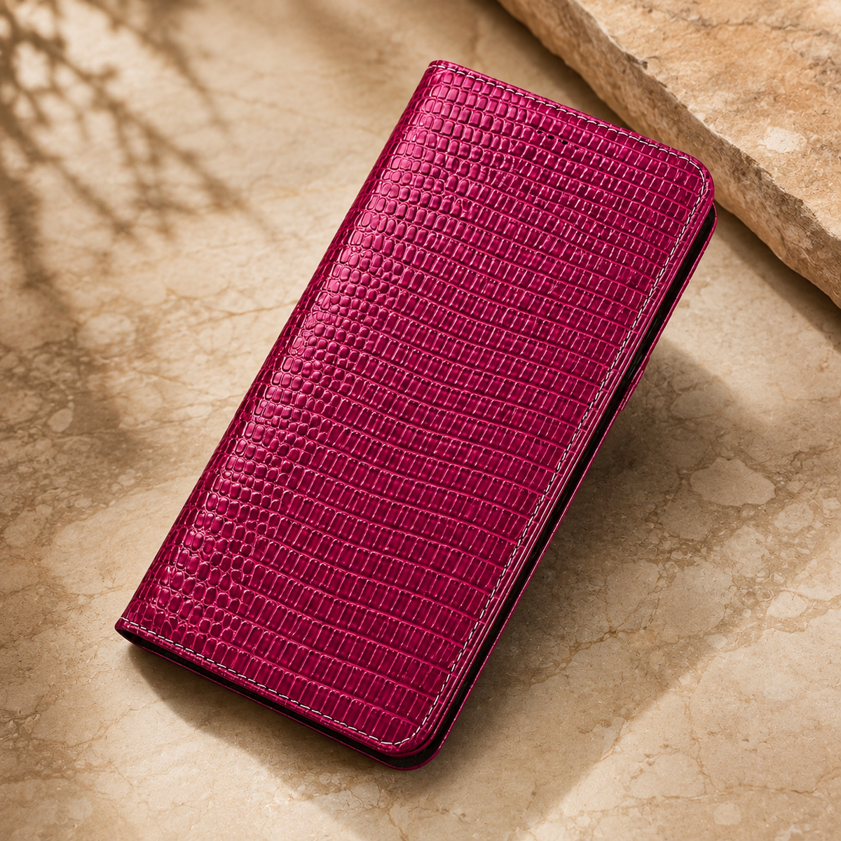 Premium iPhone Case Genuine Lizard Leather Flip Wallet Cover Magnetic Closure Kickstand Shockproof Full Body Protection Card Holder Slim Elegant Design