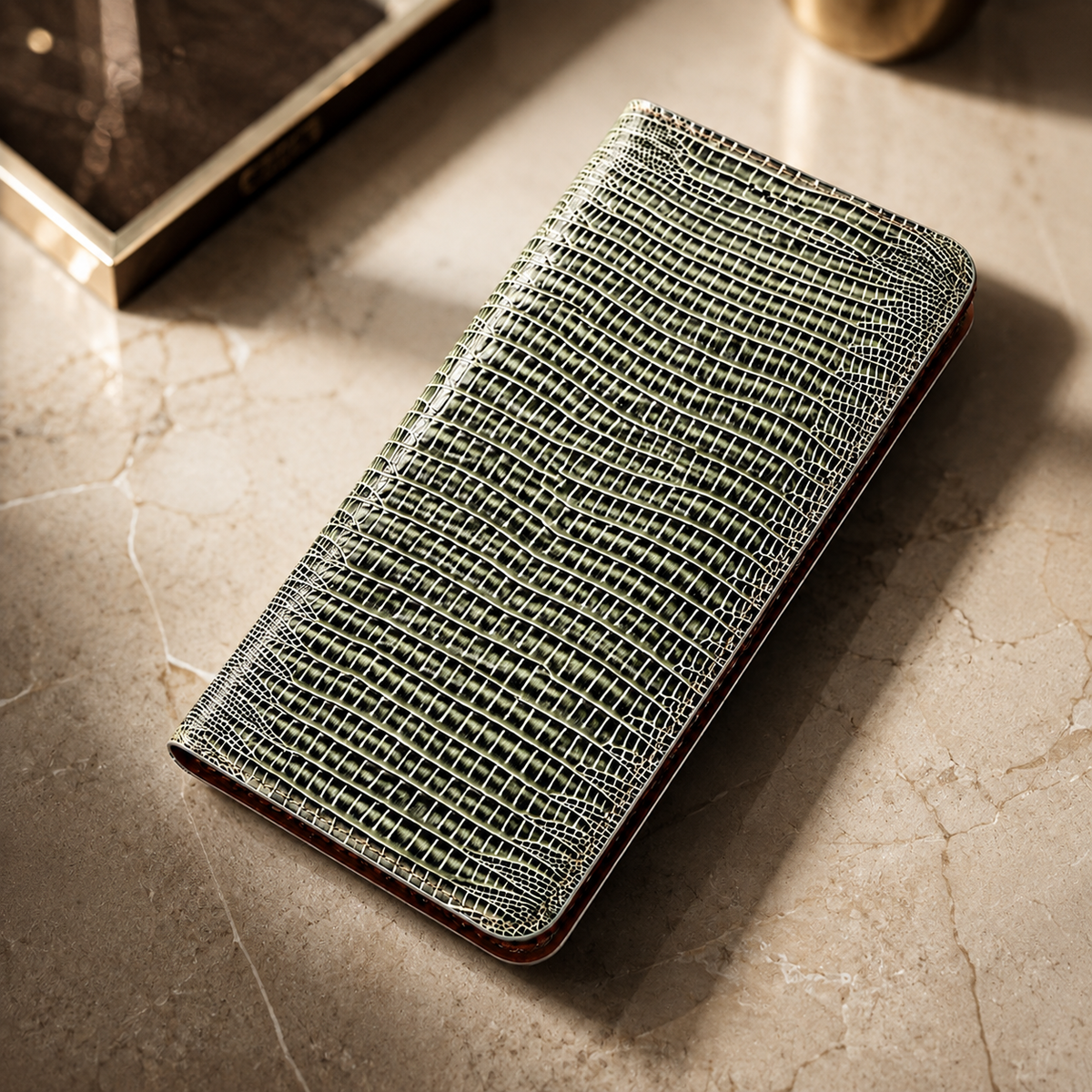 Premium iPhone Case Genuine Lizard Leather Flip Wallet Cover Magnetic Closure Kickstand Shockproof Full Body Protection Card Holder Slim Elegant Design