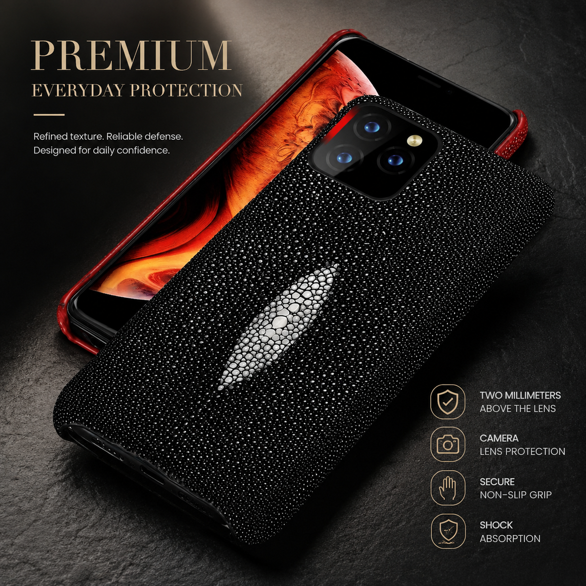 Premium iPhone Case Genuine Stingray Leather Shockproof Protective Cover Anti Fingerprint Anti Scratch Dustproof Non Slip Slim Lightweight Handmade
