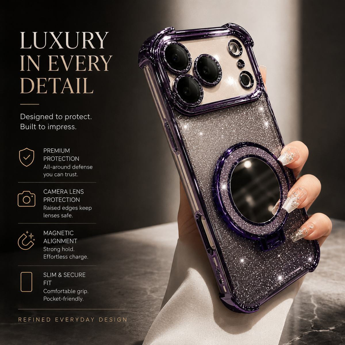 Premium iPhone Case Glitter Mirror Magnetic Bracket Cover Shockproof Silicone Anti Scratch Non Slip Protection Camera Lens Guard Slim Stand Design