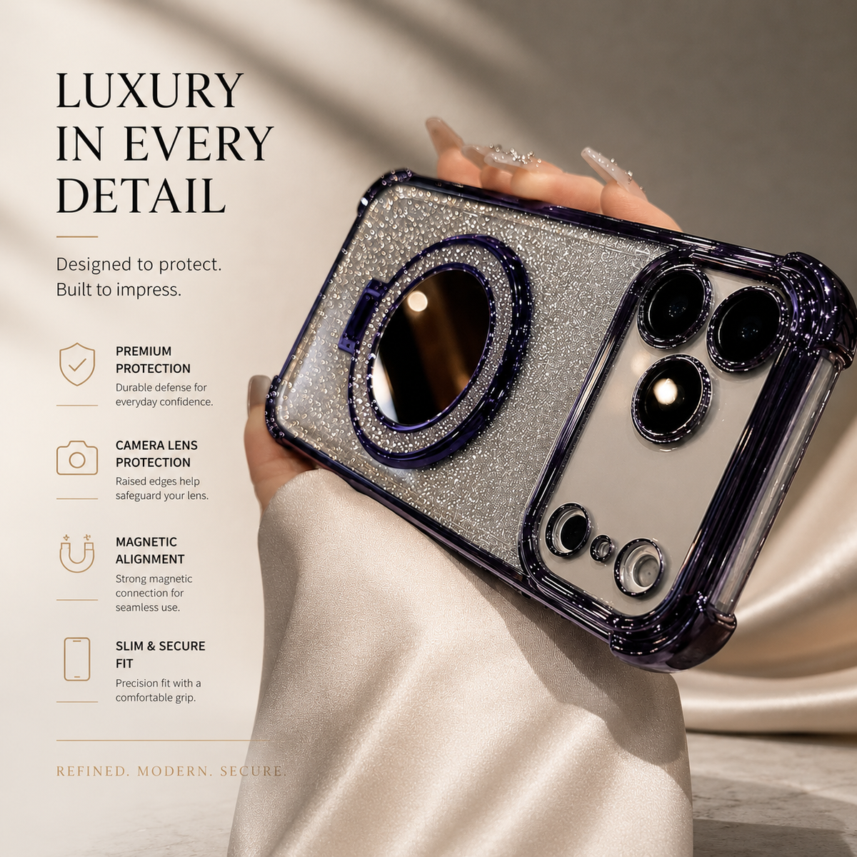 Premium iPhone Case Glitter Mirror Magnetic Bracket Cover Shockproof Silicone Anti Scratch Non Slip Protection Camera Lens Guard Slim Stand Design