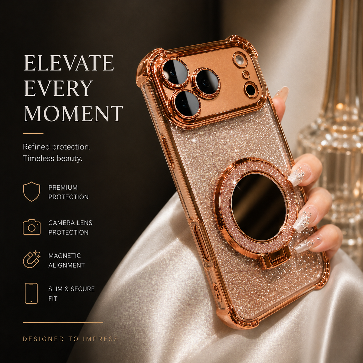 Premium iPhone Case Glitter Mirror Magnetic Bracket Cover Shockproof Silicone Anti Scratch Non Slip Protection Camera Lens Guard Slim Stand Design