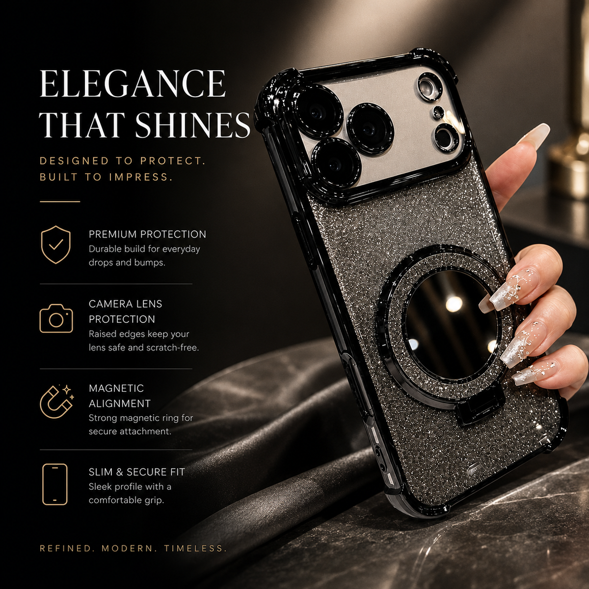 Premium iPhone Case Glitter Mirror Magnetic Bracket Cover Shockproof Silicone Anti Scratch Non Slip Protection Camera Lens Guard Slim Stand Design