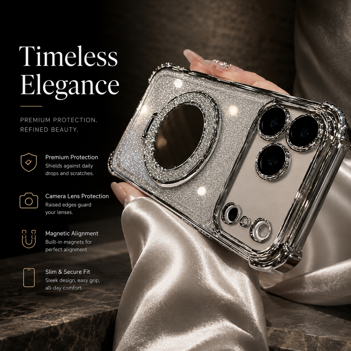 Premium iPhone Case Glitter Mirror Magnetic Bracket Cover Shockproof Silicone Anti Scratch Non Slip Protection Camera Lens Guard Slim Stand Design