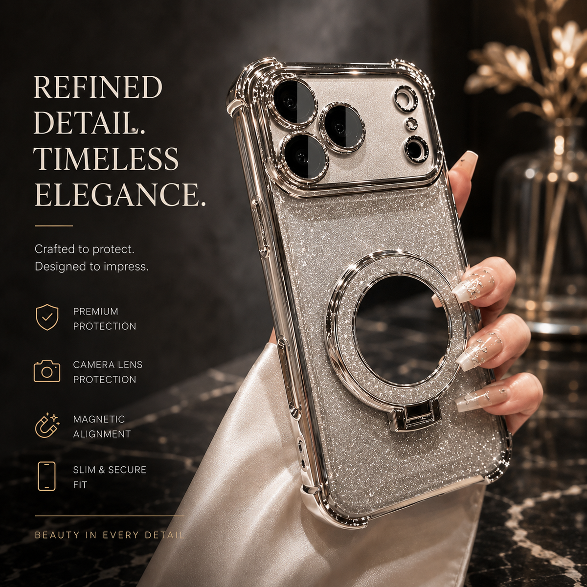 Premium iPhone Case Glitter Mirror Magnetic Bracket Cover Shockproof Silicone Anti Scratch Non Slip Protection Camera Lens Guard Slim Stand Design