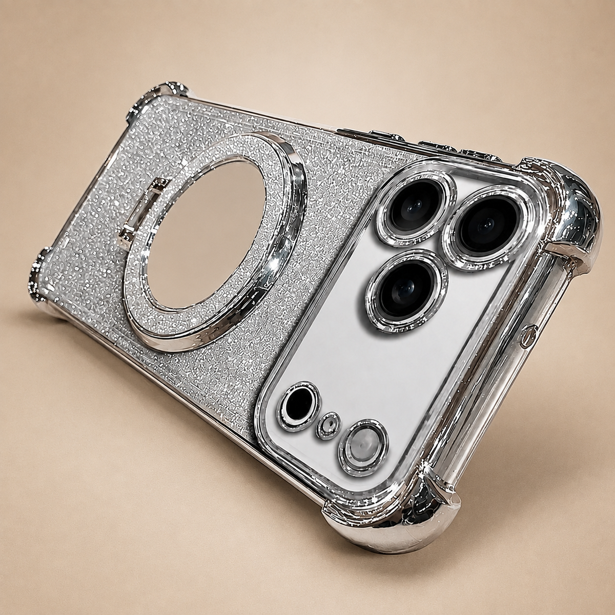 Premium iPhone Case Glitter Mirror Magnetic Bracket Cover Shockproof Silicone Anti Scratch Non Slip Protection Camera Lens Guard Slim Stand Design
