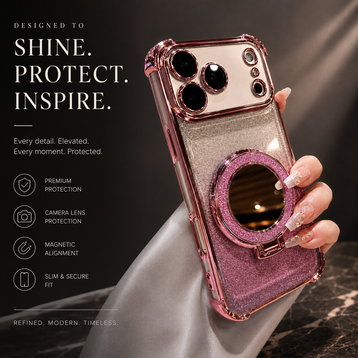 Premium iPhone Case Glitter Mirror Magnetic Bracket Cover Shockproof Silicone Anti Scratch Non Slip Protection Camera Lens Guard Slim Stand Design