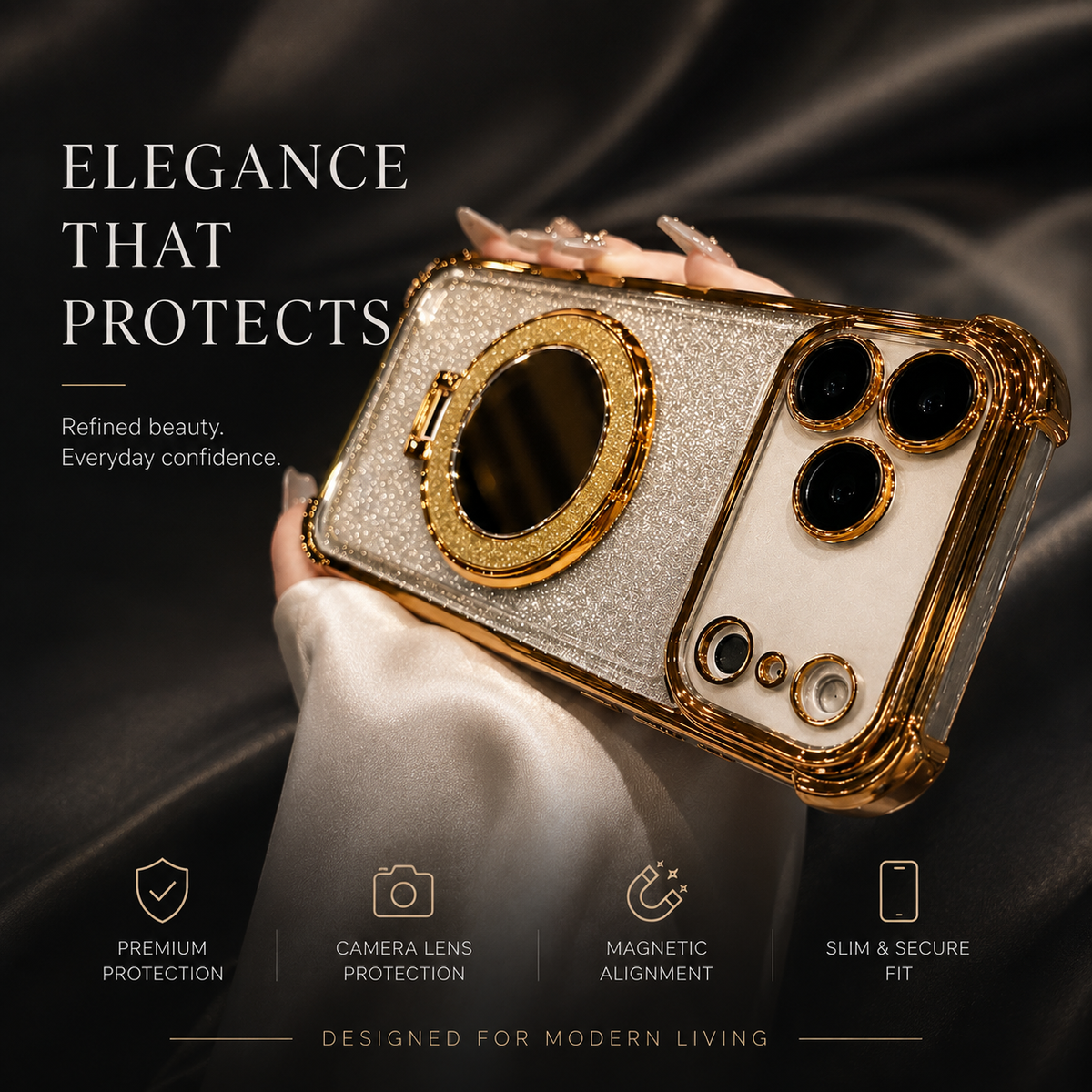 Premium iPhone Case Glitter Mirror Magnetic Bracket Cover Shockproof Silicone Anti Scratch Non Slip Protection Camera Lens Guard Slim Stand Design