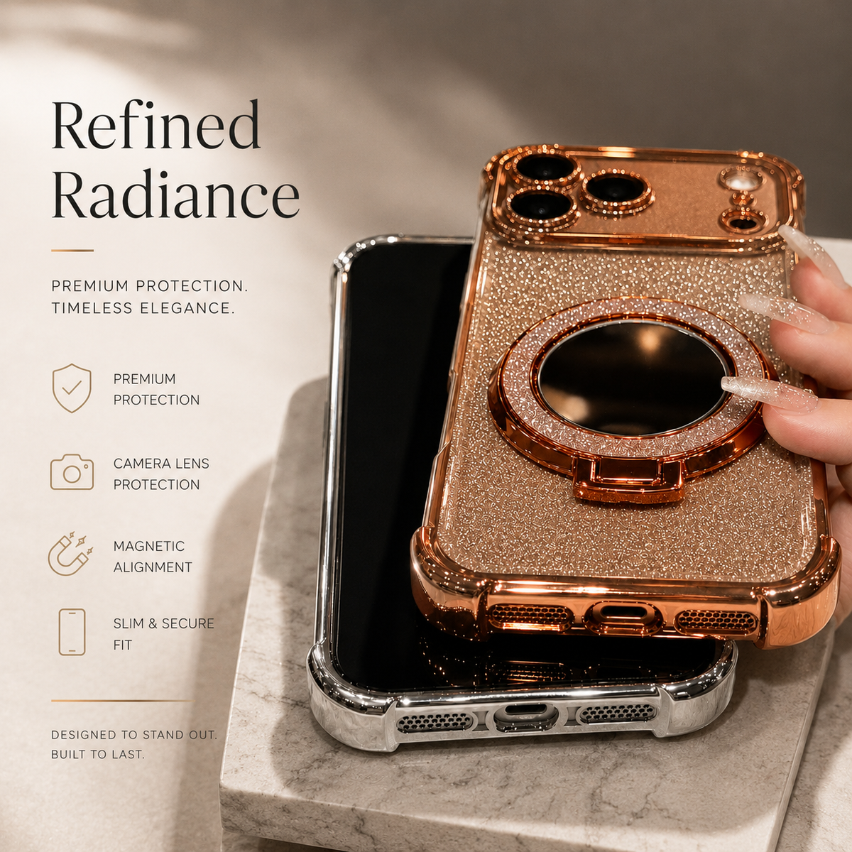 Premium iPhone Case Glitter Mirror Magnetic Bracket Cover Shockproof Silicone Anti Scratch Non Slip Protection Camera Lens Guard Slim Stand Design