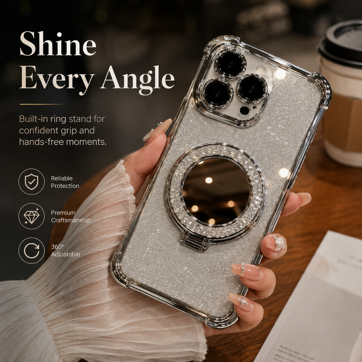 Premium iPhone Case Glitter Mirror Magnetic Kickstand Shockproof Silicone Protective Cover Camera Protection Anti Scratch Dust Resistant Non Slip Slim Sparkle