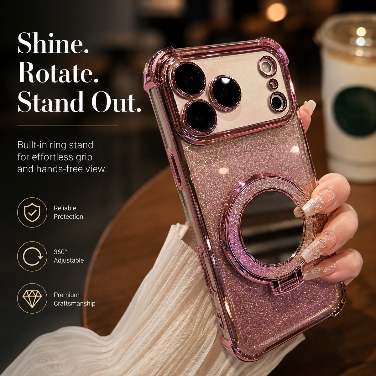 Premium iPhone Case Glitter Mirror Magnetic Kickstand Shockproof Silicone Protective Cover Camera Protection Anti Scratch Dust Resistant Non Slip Slim Sparkle